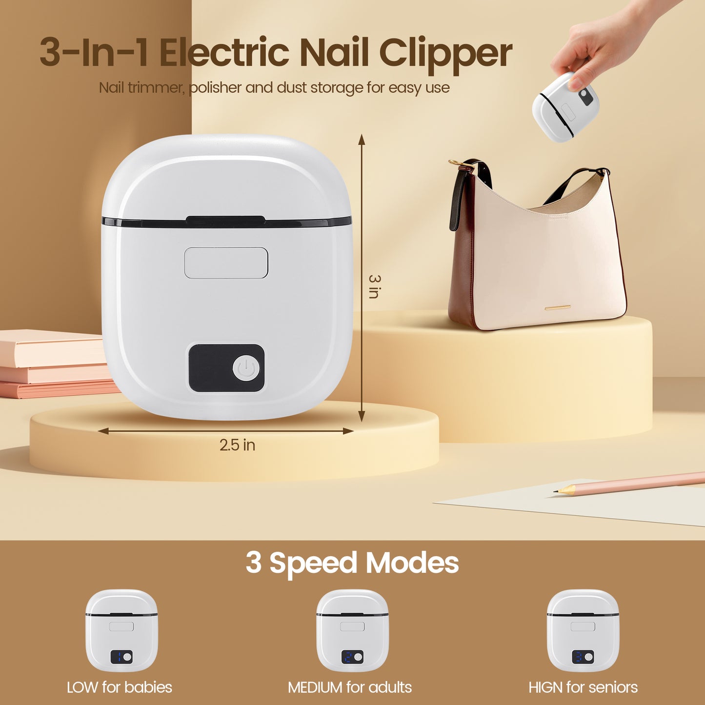 INVOTEK Electric Nail Clipper, 3-in-1 Fingernail Trimmer, Polisher & Clip Storage with LED Light, Automatic Safety Nail Cutter, USB Rechargeable & 3 Speed for Seniors, Adults, Babies