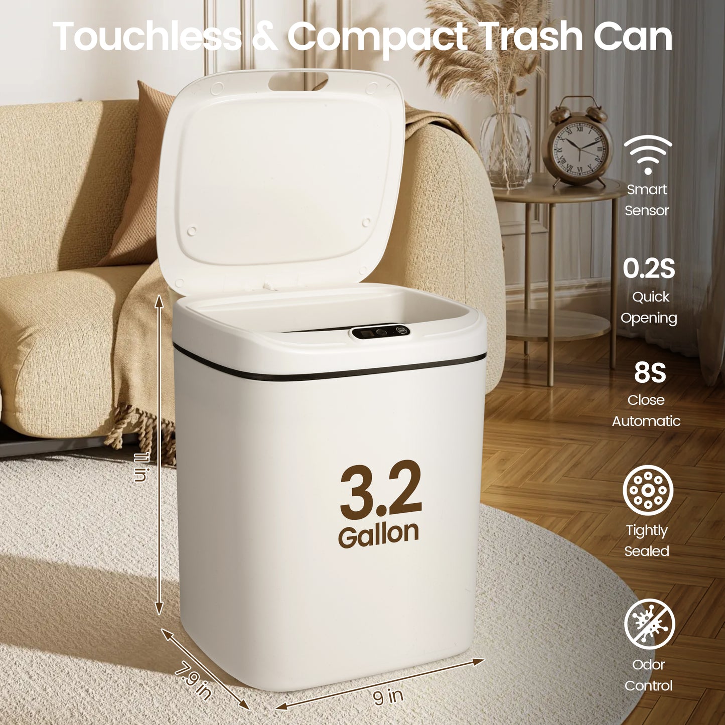 INVOTEK Touchless Trash Can with Lid, 3.2 Gallon Smart Garbage Can Automatic Bathroom Trash Can Motion Sensor Garbage Bin for Kitchen Bedroom Office Bathroom Livingroom